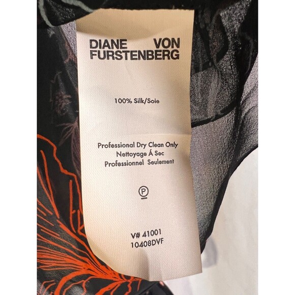 Diane Von Furstenberg Fenelon Blouse Woman's 4 Floral Bow Neck Sheer Silk Black - Picture 8 of 8